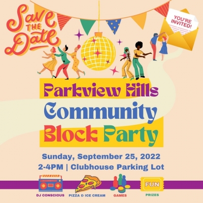 event flyer for Parkview Hills community block party