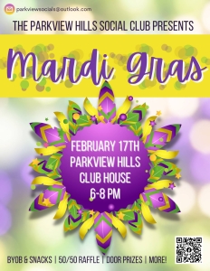 Colorful wreath and event announcement for Mardi Gras Party