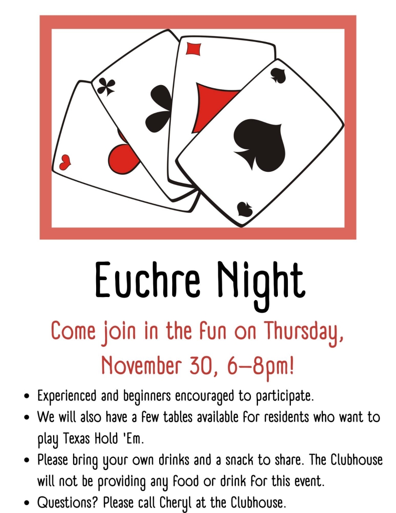 Euchre night poster. A handful of cards up top, one of each of the four suits. descriptive verbiage of the event below.