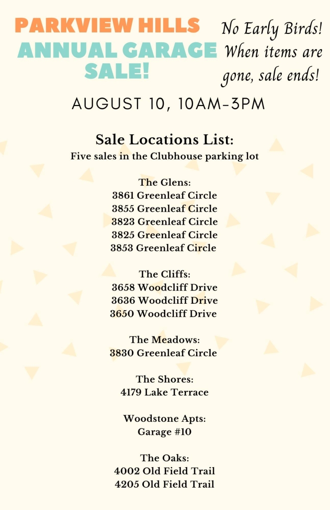 Parkview Hills garage sale address list